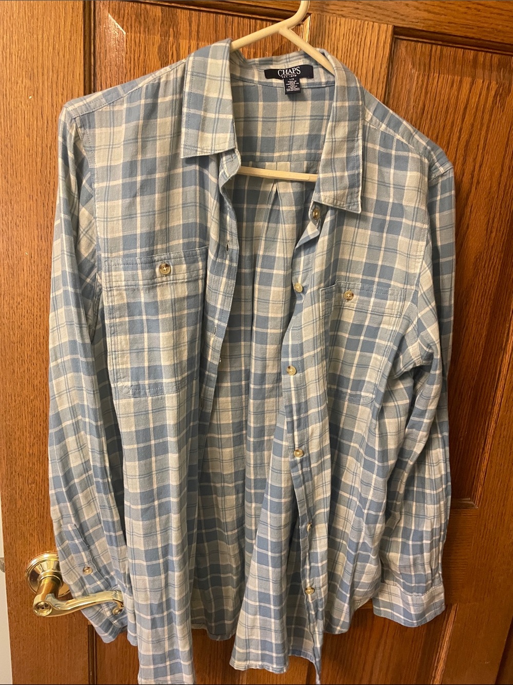 Chaps Light Blue and White Plaid Button-Front Blouse